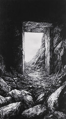 Fototapeta premium Hyper-realistic square mine portal drawing with repetitive geometric design and stone textures, creating a deep tunnel effect in black and white shading.