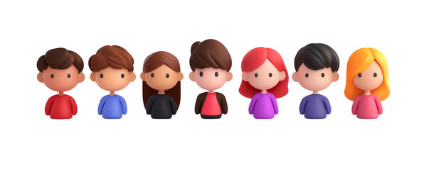 Cartoon characters representing diverse individuals with varying hairstyles. transparent background