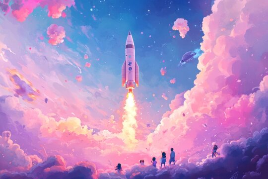 A colorful rocket launches into a dreamy sky filled with fluffy clouds. The scene captures wonder and inspiration. Perfect for space enthusiasts and children. Generative AI
