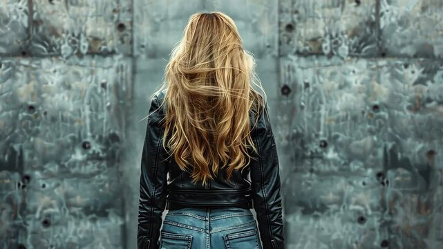 A woman with long blonde hair walks in front of a gray wall