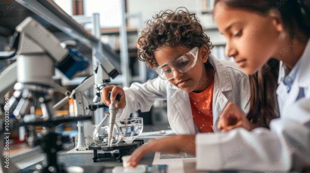 Poster two children conducting a science experiment in a lab, using microscopes and lab equipment, emphasiz