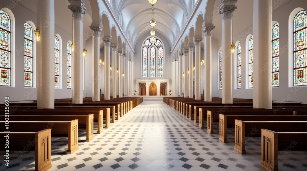 Sticker Interior of a synagogue with beautifully ornate stained glass windows and rows of wooden pews bathed in soft morning light peaceful worship space 