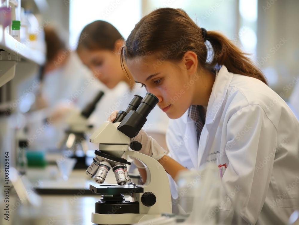 Poster a focused student using a microscope in science class, conducting an experiment and observing sample