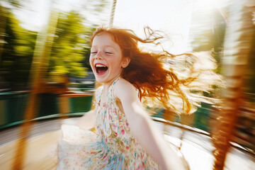 Red-haired, freckled girl rides a carousel.