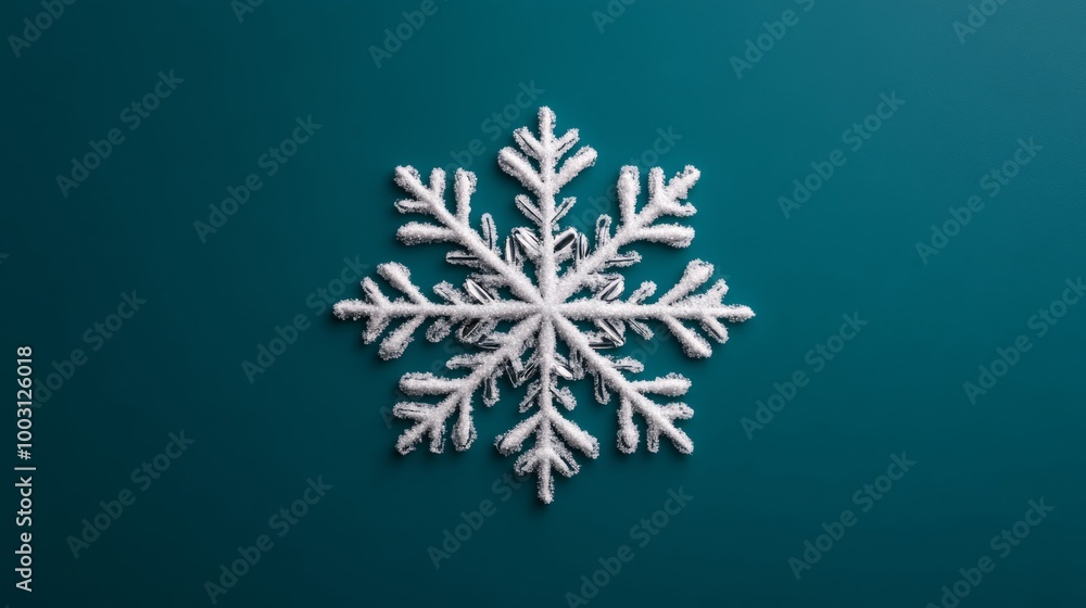 Poster isolated snowflake with surreal swirls and spiral shapes, delicate crystal structure on a deep teal 