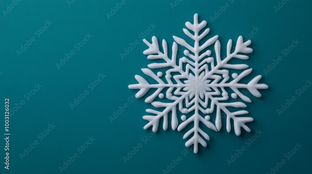 Poster isolated snowflake with surreal swirls and spiral shapes, delicate crystal structure on a deep teal 