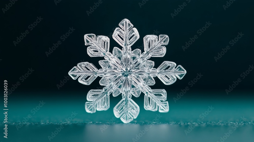 Poster isolated snowflake with surreal swirls and spiral shapes, delicate crystal structure on a deep teal 