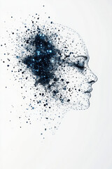 Profile of a female face dissolving into a network of digital data points and connections, reflecting the intersection of humanity and technology.
