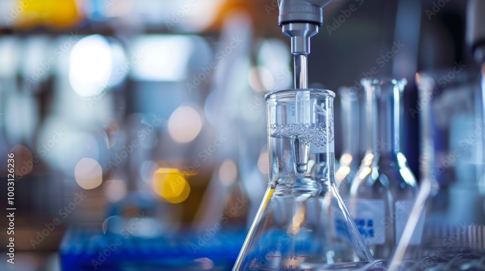 Poster close-up of a laboratory beaker with a solution being stirred, highlighting precise measurement and 