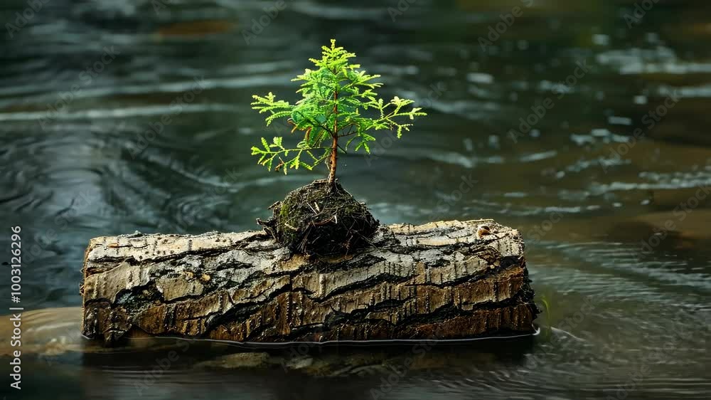 Poster a small tree grows out of a log floating in a calm river