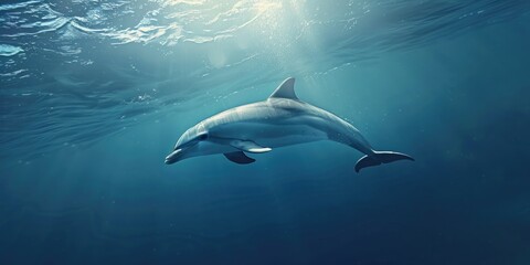 Fototapeta premium Dolphin effortlessly moves across the water's surface, revealing its prominent dorsal fin while releasing a soft burst of air from its blowhole.