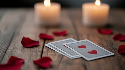 Love tarot spread for singles with three cards on a wooden table, soft candlelight and rose petals, mystical atmosphere 