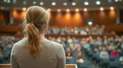 Young Woman Speaking to Audience in Conference Hall, Rear View