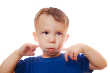 A Emotions of a happy child on a white background in the studio
