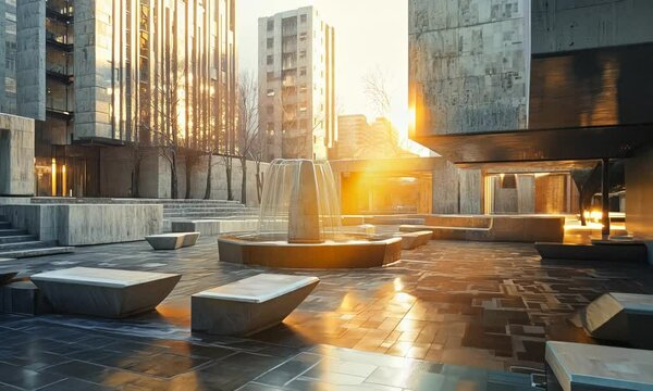 Brutalist public plaza with blocky, rough-hewn concrete benches and stark, angular fountains, surrounded by imposing buildings. . Video
