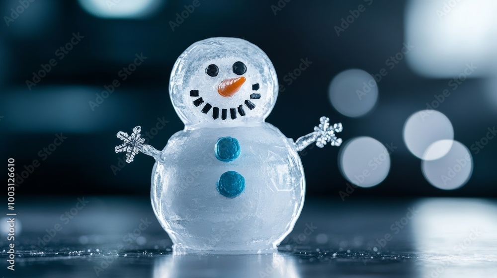 Poster mechanical snowman with gears and cogs showing through a transparent icy body, isolated on metallic 