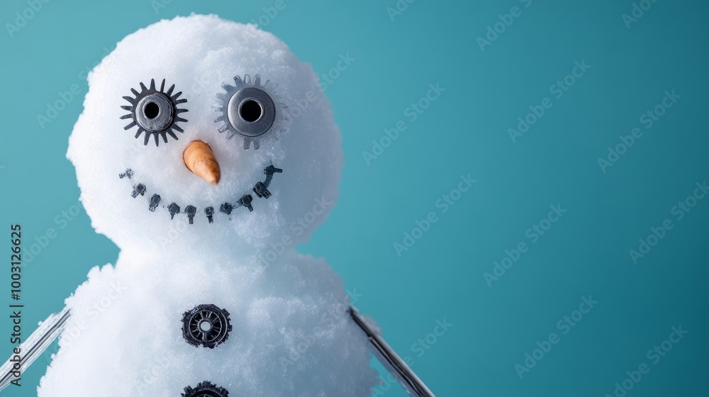 Poster mechanical snowman with gears and cogs showing through a transparent icy body, isolated on metallic 