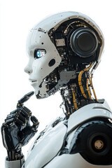A futuristic white and black humanoid robot deep in thought with intricate mechanical details visible.