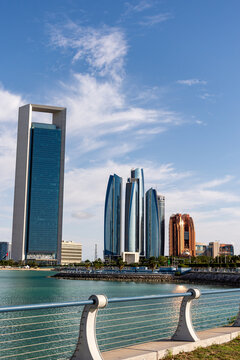 ADNOC H.Q. tower in Abu Dhabi. Skyscrapers against the sky, United Arab Emirates. 