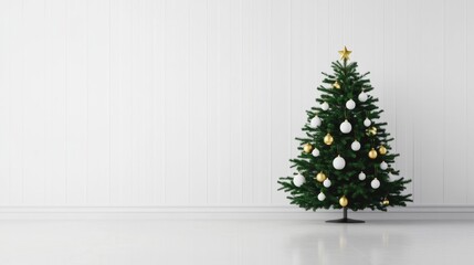 Minimalist Christmas tree with simple white and gold ornaments, glowing softly in a modern, clean setting 