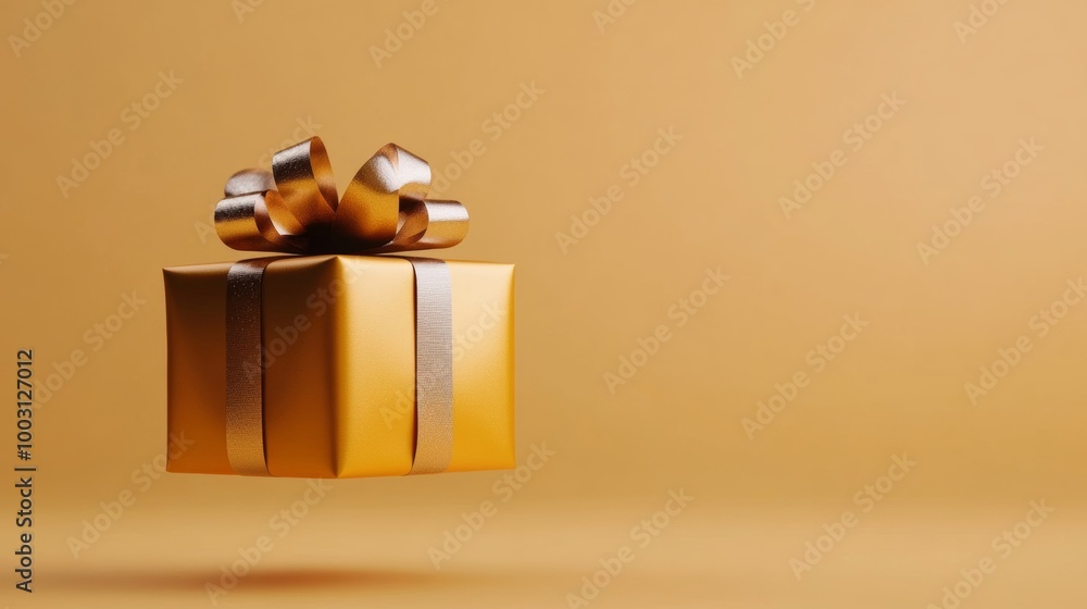 Poster octagonal gift box wrapped in metallic foil with a floating satin ribbon isolated on a soft gradient