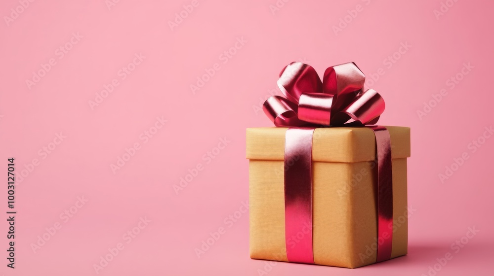 Poster octagonal gift box wrapped in metallic foil with a floating satin ribbon isolated on a soft gradient