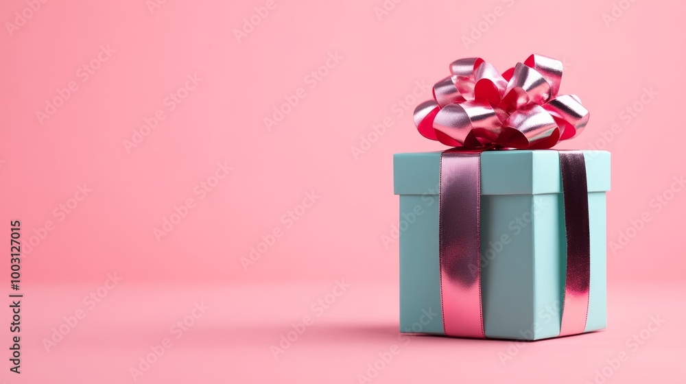 Poster octagonal gift box wrapped in metallic foil with a floating satin ribbon isolated on a soft gradient