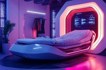 Futuristic bedroom with neon lights. A sleek, modern bed sits in an advanced, tech-driven space. Perfect for sci-fi, interior design, and innovative projects. Generative AI