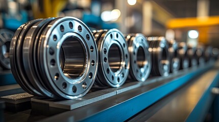 Close-up of a Row of Precision Metal Components in a Factory