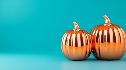 Pumpkin made from polished steel with a mirrored surface reflecting abstract colors, on a deep blue gradient background 