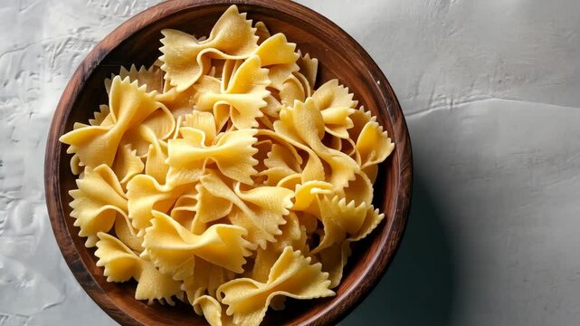 A bowl of cooked farfalle pasta sits on a white countertop