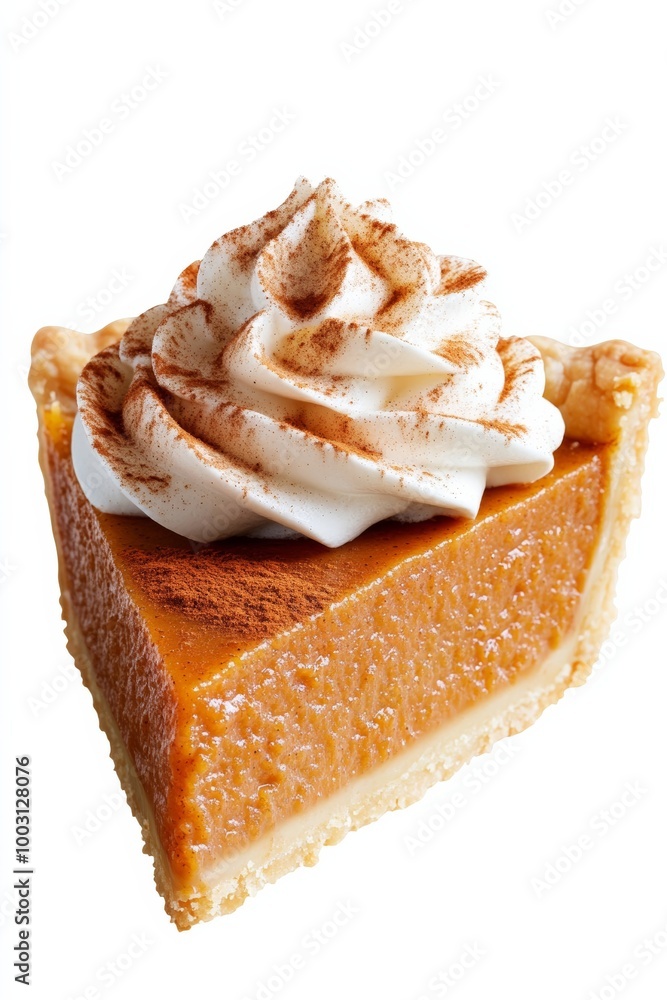 Poster Rustic pumpkin pie slice topped with whipped cream and cinnamon isolated on a white background 