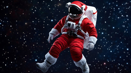 Fototapeta premium Santa Claus as an astronaut floating in space with a red and white spacesuit, isolated on a starry background 