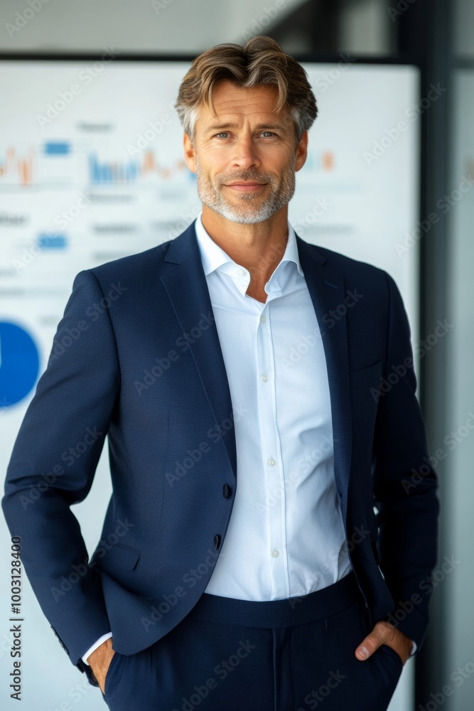Poster senior executive in navy suit reviews end-of-year financial charts on a digital whiteboard backgroun