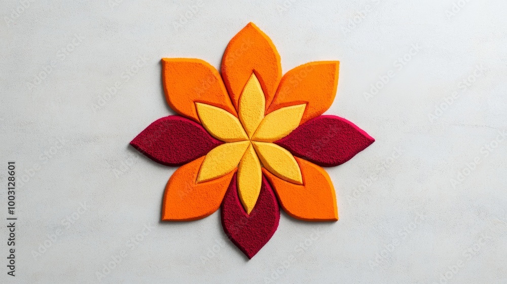 Poster simple geometric rangoli design using colored powders in red, orange, and yellow isolated on a smoot