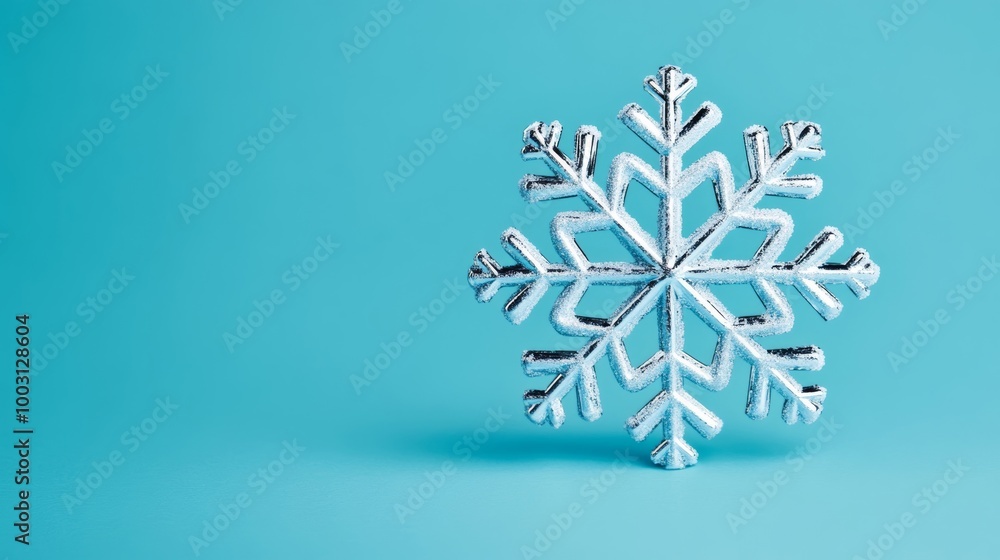 Poster single snowflake with unique hexagonal design, frosty silver edges, on a soft gradient light blue ba