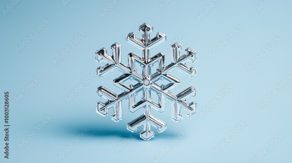 Poster single snowflake with unique hexagonal design, frosty silver edges, on a soft gradient light blue ba
