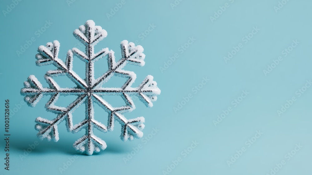 Poster single snowflake with unique hexagonal design, frosty silver edges, on a soft gradient light blue ba