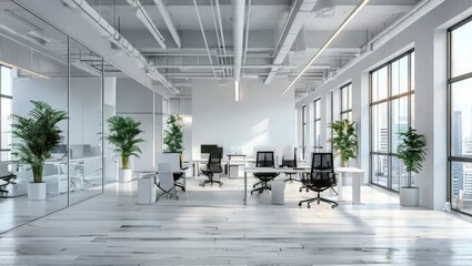 Modern Office Interior with Natural Light and Greenery