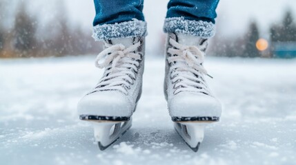 Skater’s frozen, cold hands struggling to tie ice skates properly in a snowy environment frigid winter problem 