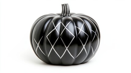 Sleek matte black pumpkin with silver geometric patterns, isolated on a minimalist white background with shadow 