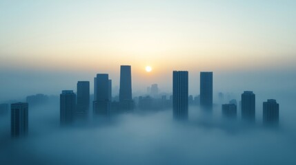 Smog-filled city skyline with hazy air and muted sunlight poor air quality warning 