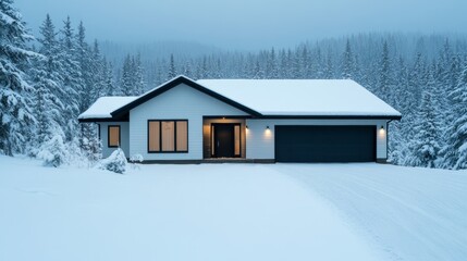 Snow stoppers on a modern home’s metal roof, surrounded by snow-covered trees, providing winter safety and durability 