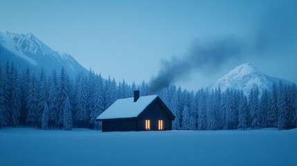 Snow-covered chalet with a crackling fire inside and smoke rising from the chimney at a winter resort cozy vibes 