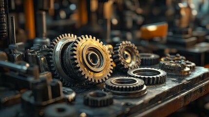 Close-up of Worn Metal Gears on a Rusty Workbench