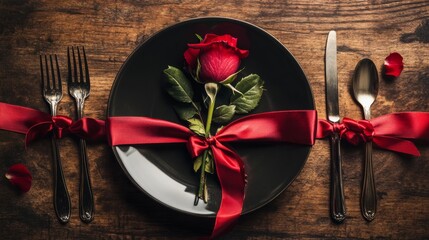 Valentine's Day dinner with red ribbon and rose.