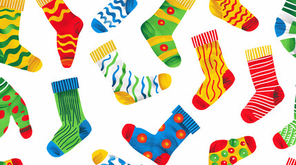 Wallpaper with multicolored knitted socks isolated on a white background.