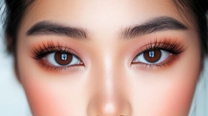 Fototapeta premium Soft Thai makeup look with peach tones and natural brows inspired by contemporary beauty trends isolated on white 