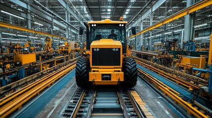 Yellow Tractor on Assembly Line in Factory