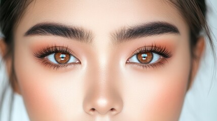 Naklejka premium Soft Thai makeup look with peach tones and natural brows inspired by contemporary beauty trends isolated on white 
